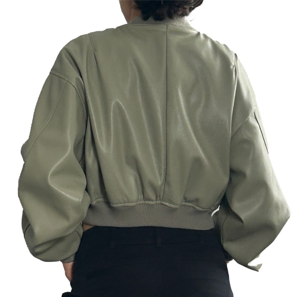 NWOT OLIVACEOUS GREEN FAUX LEATHER CROPPED BOMBER - Picture 4 of 9